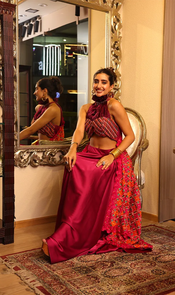 Fuscia Pink Drape skirt & blouse attached Dupatta (LN0098)