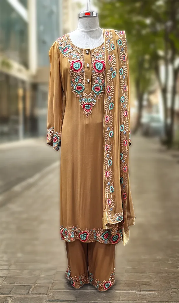 Mehndi Green Kashmiri Suit, Kurta + Lower + Dupatta  (LN0092)