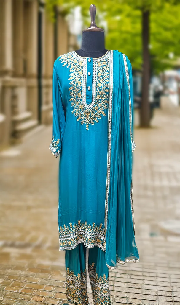 Peacock Blue Crepe Suit (3Pcs) (LN0096)