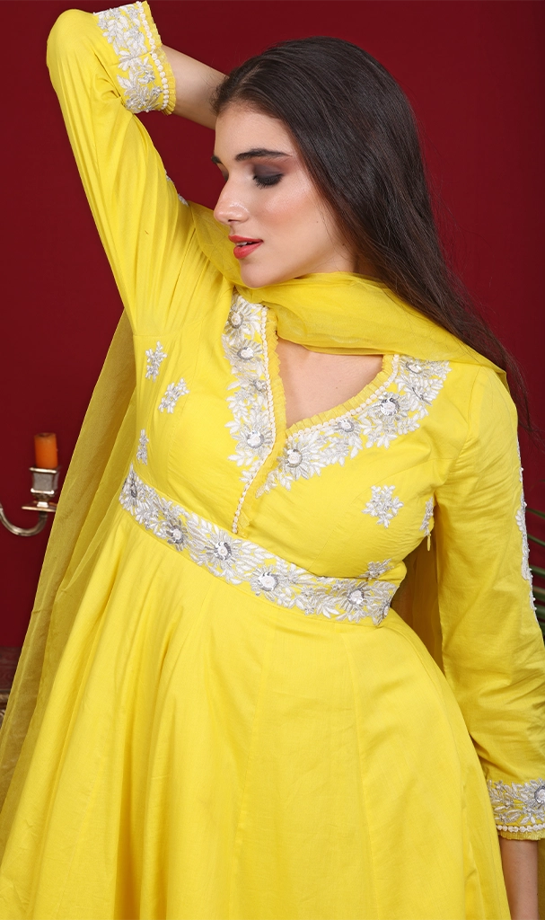 Yellow MulMul Muglai Suit with pants (LN0067)