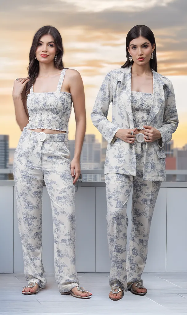 Westernised Officewear Blue & Ivory 3 Pcs Cordset (LN00143)