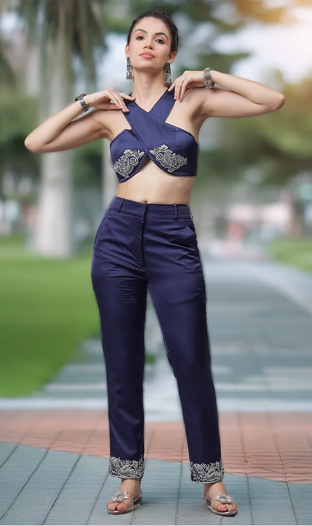 Neelgagan Silver Hand embroidered Bustier & Pants (Cordset) (LN00146)