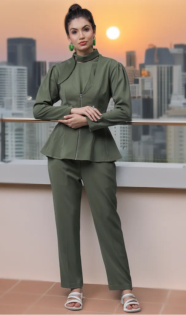 Khaki Green Asymmetric Jacket & Trousers (LN00135)