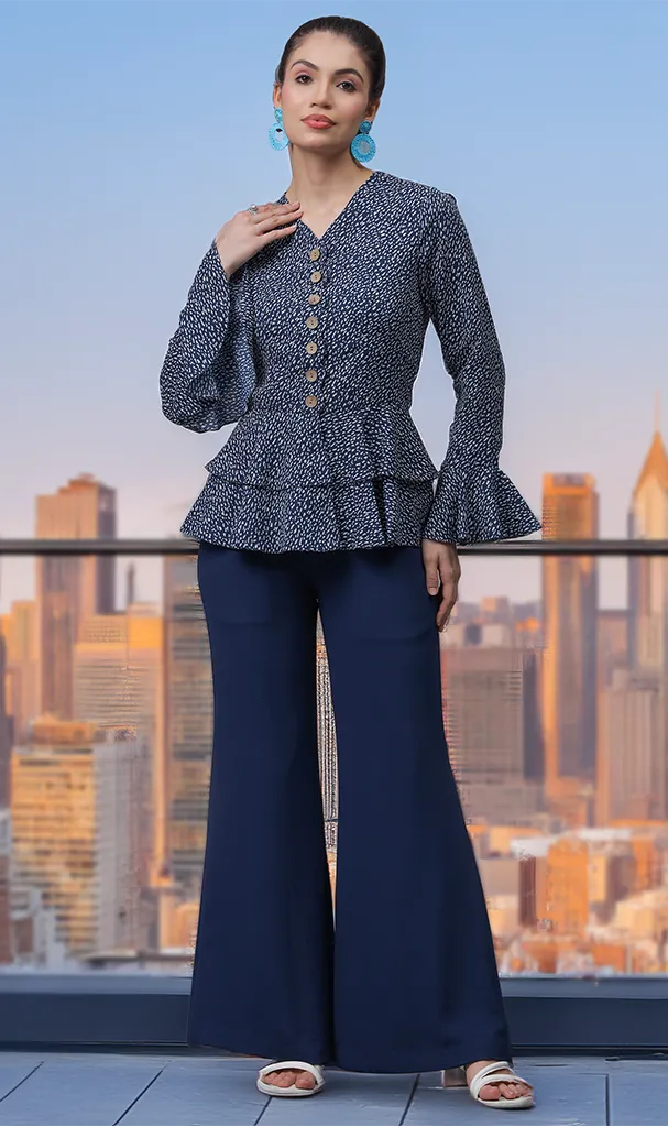 Navy Blue & White Chips Printed Top with Bell Sleeves & Trousers (LN00137)