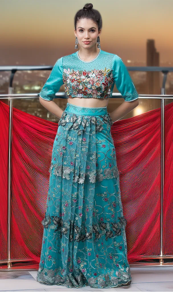 Teal Blue Floral Pattern Self Blouse with Embroidered Skirt (LN00134)