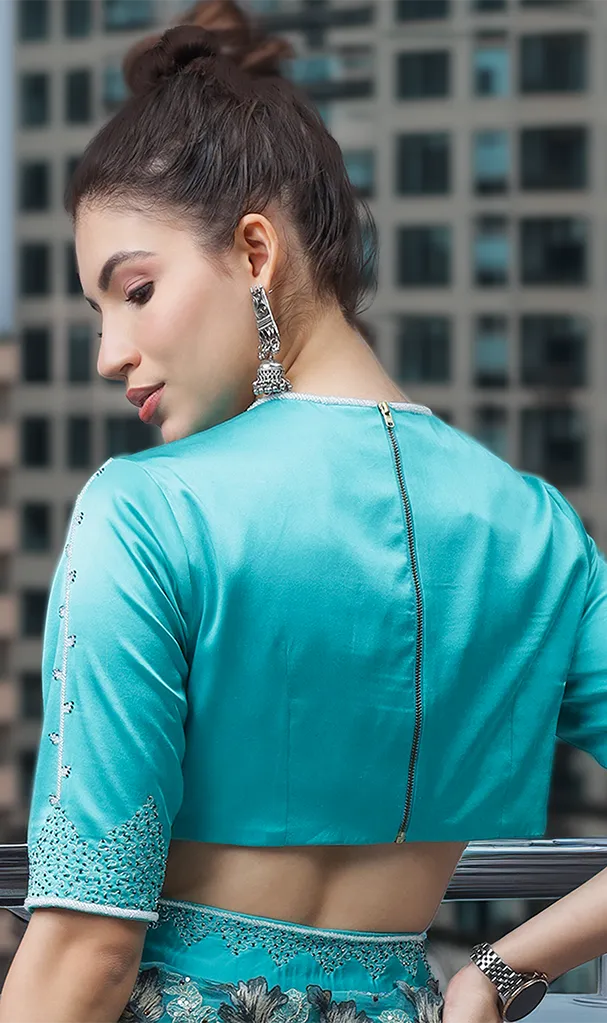 Teal Blue Cordset With Floral Embroidered Blouse & Asymmetric Bottom (LN00115 & LN00134)