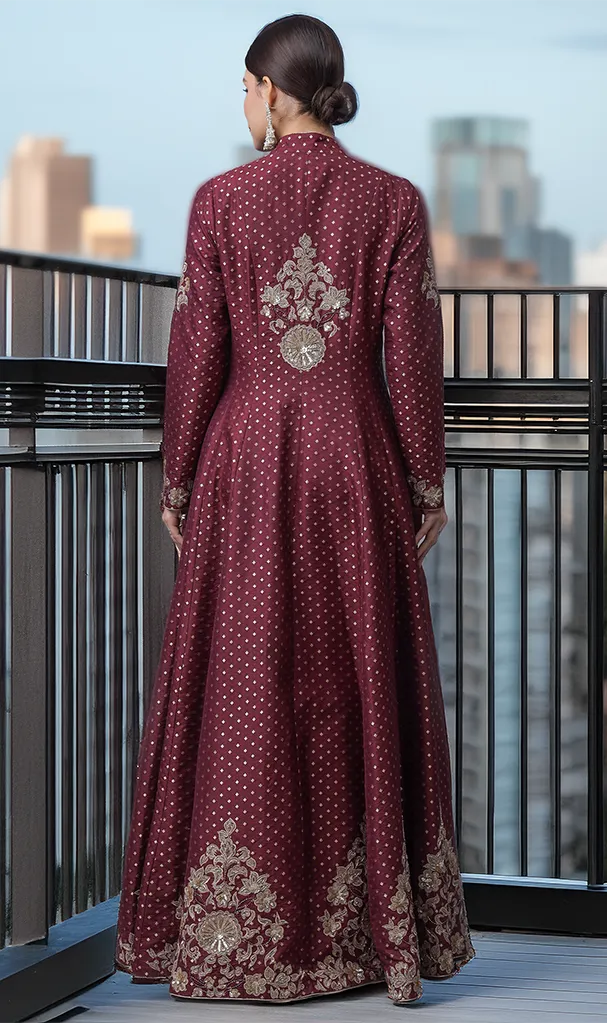 Wine Banarasi Heavy Jacket with Jalabiya (LN00138)