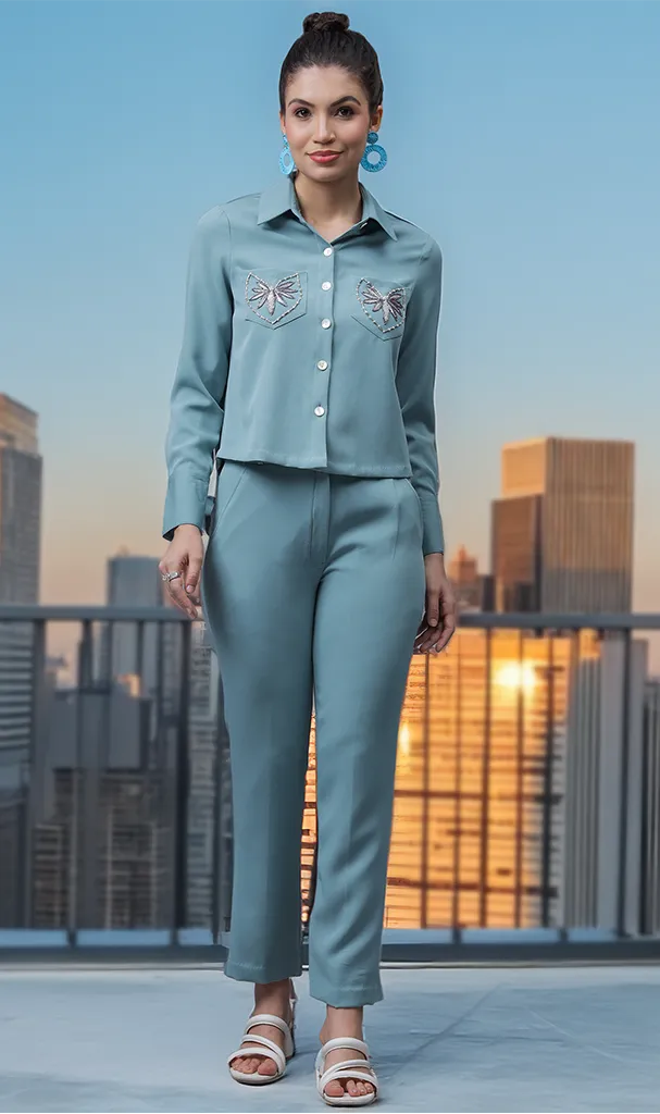 Powder Blue Cordset with embossed Pockets on Top (LN00145)