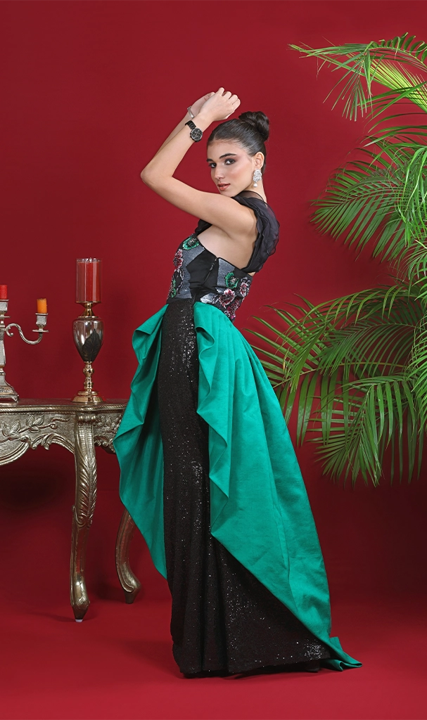 Multi Floral Bodice with green and black gown (LN00117)