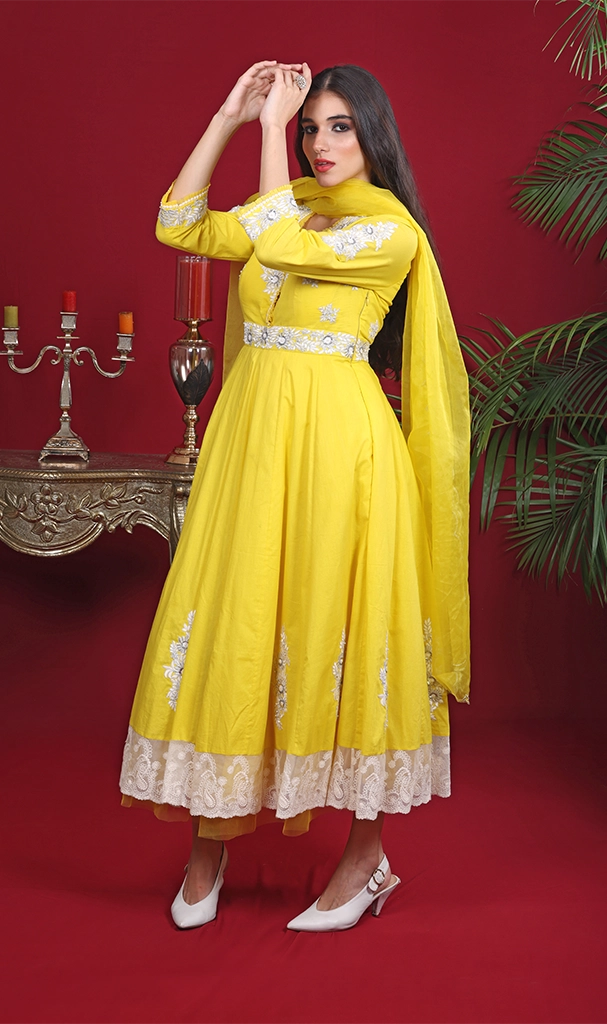 Yellow MulMul Muglai Suit with pants (LN0067)