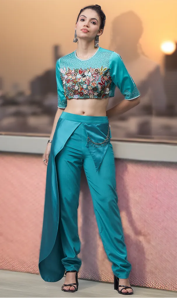 Teal Blue Cordset With Floral Embroidered Blouse & Asymmetric Bottom (LN00115 & LN00134)