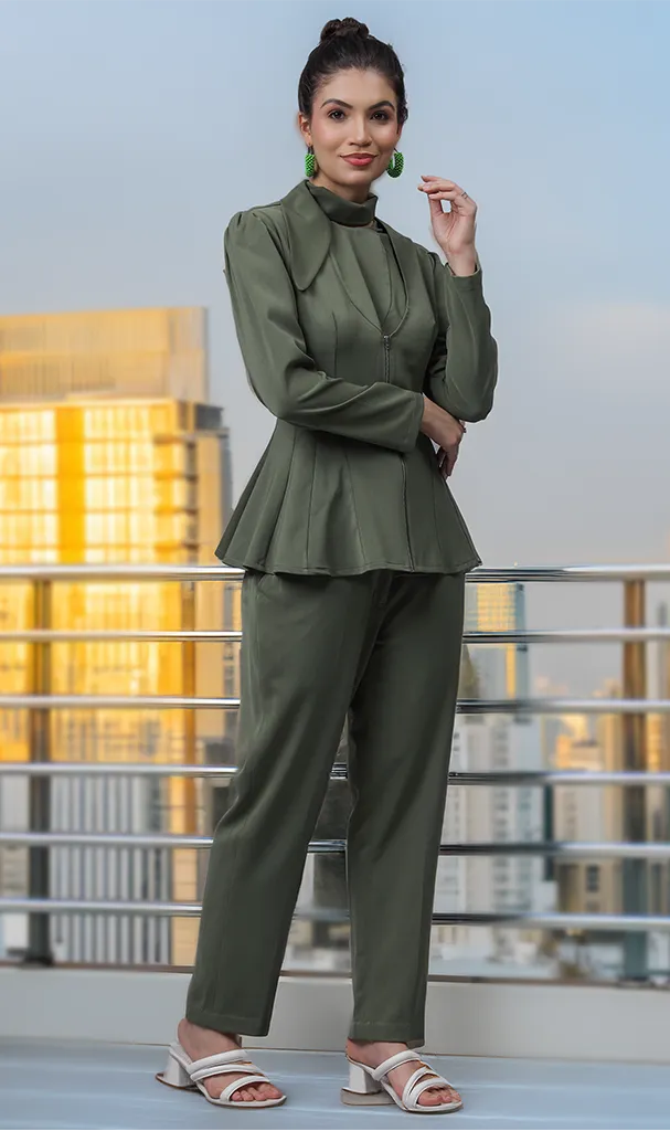 Khaki Green Asymmetric Jacket & Trousers (LN00135)