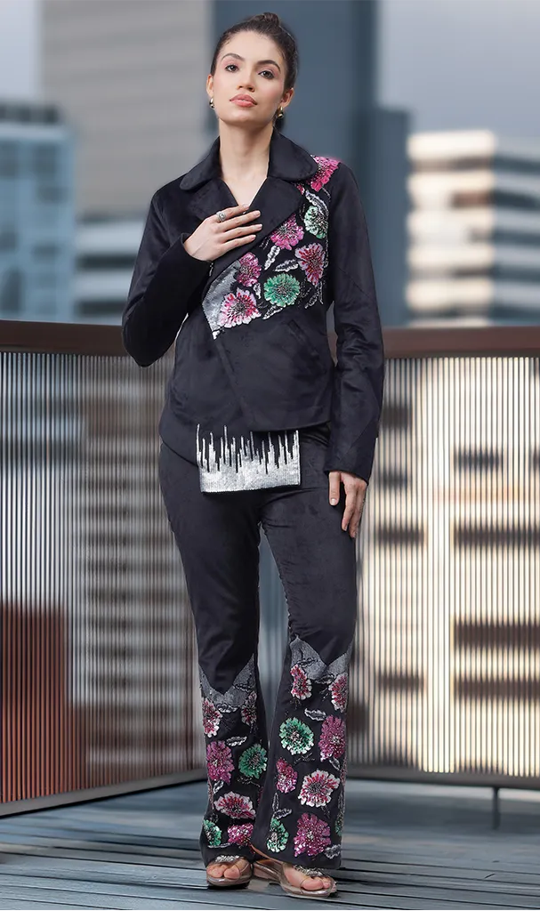Black Floral Multi Coloured Sequenced Cordset (LN0015 & LN0041)