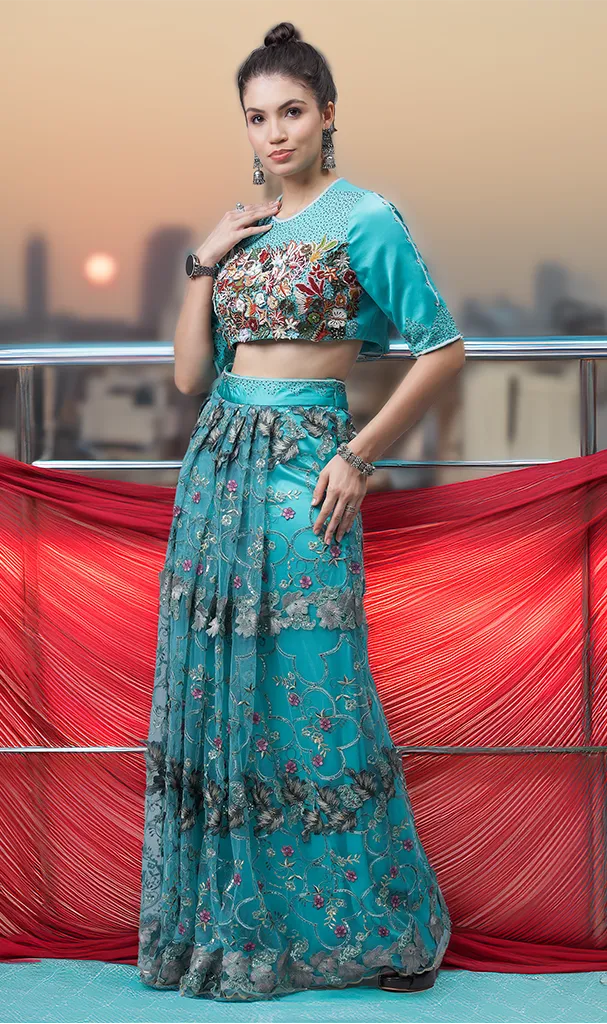 Teal Blue Floral Pattern Self Blouse with Embroidered Skirt (LN00134)