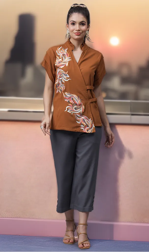 Mustard Floral Wrap Top with Steel Grey Capris (LN00148)