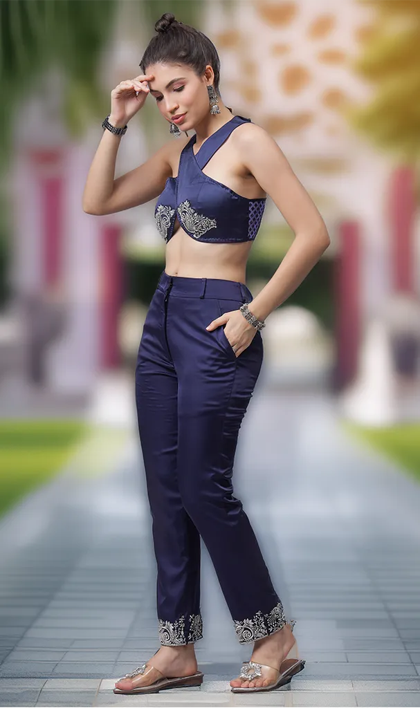 Neelgagan Silver Hand embroidered Bustier & Pants (Cordset) (LN00146)