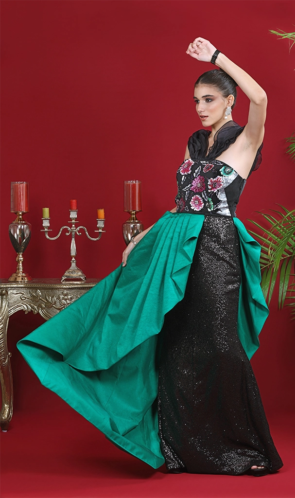 Multi Floral Bodice with green and black gown (LN00117)