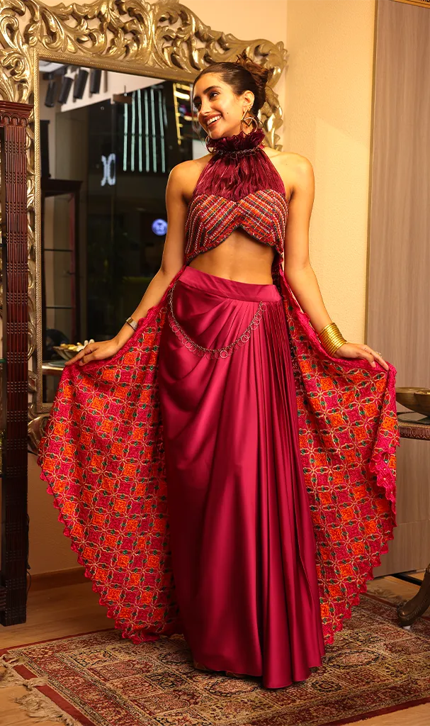 Fuscia Pink Drape skirt & blouse attached Dupatta (LN0098)