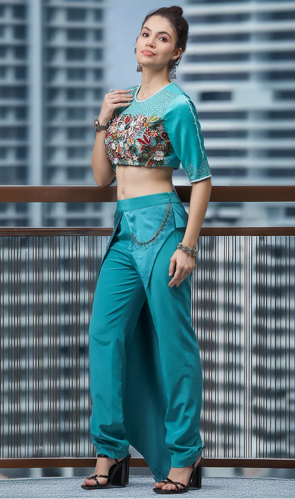Teal Blue Cordset With Floral Embroidered Blouse & Asymmetric Bottom (LN00115 & LN00134)