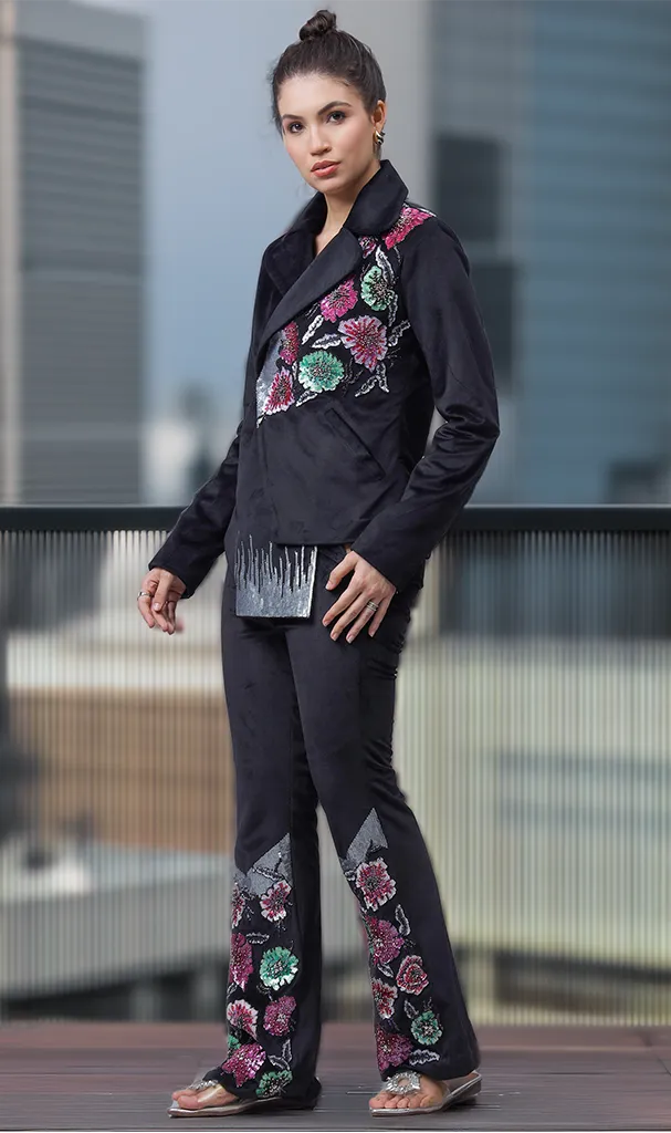 Black Floral Multi Coloured Sequenced Cordset (LN0015 & LN0041)