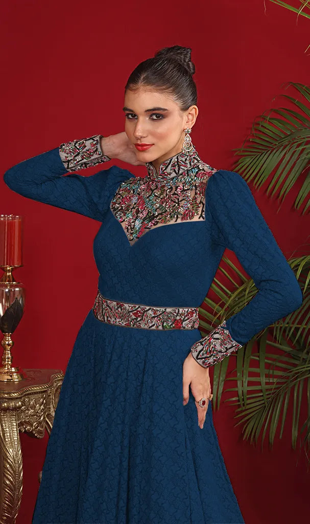 Navy Blue long embroidered georgette Gown (LN0049)