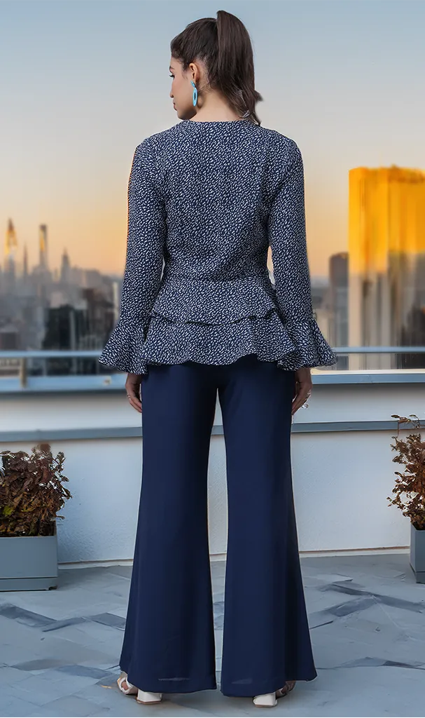 Navy Blue & White Chips Printed Top with Bell Sleeves & Trousers (LN00137)