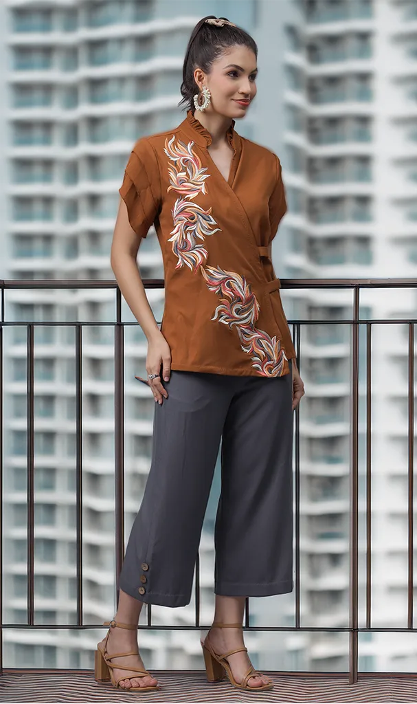 Mustard Floral Wrap Top with Steel Grey Capris (LN00148)