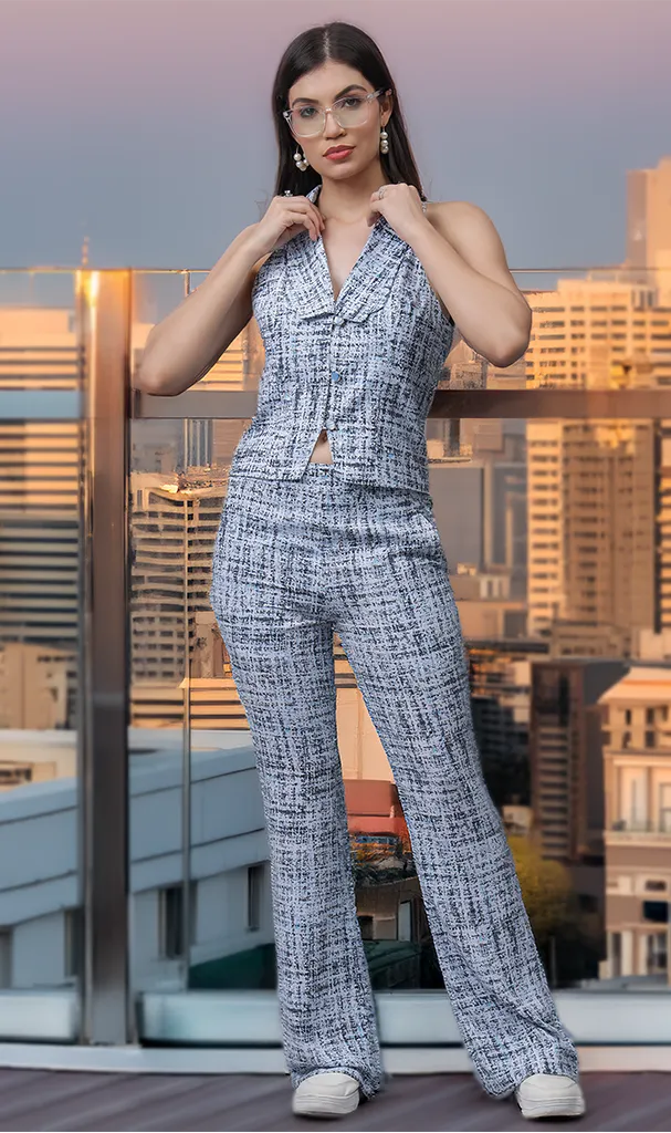 Westernised Sky Blue Printed WaistCoat & Trouser (LN00140)