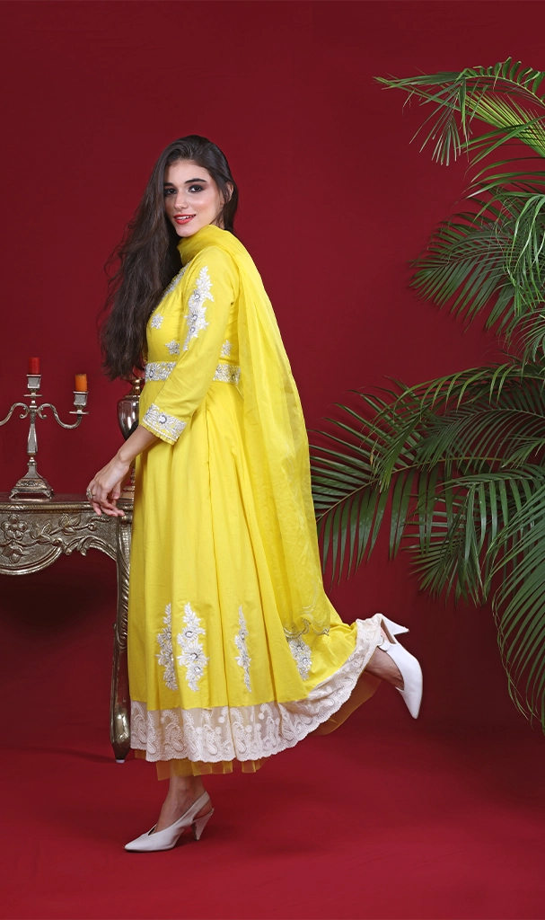Yellow MulMul Muglai Suit with pants (LN0067)