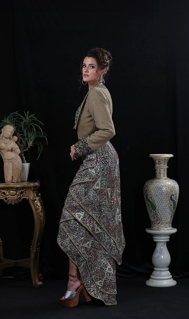 PISTA GREEN 3 LAYERED DRESS WITH DEEP COLLAR (LN0014)