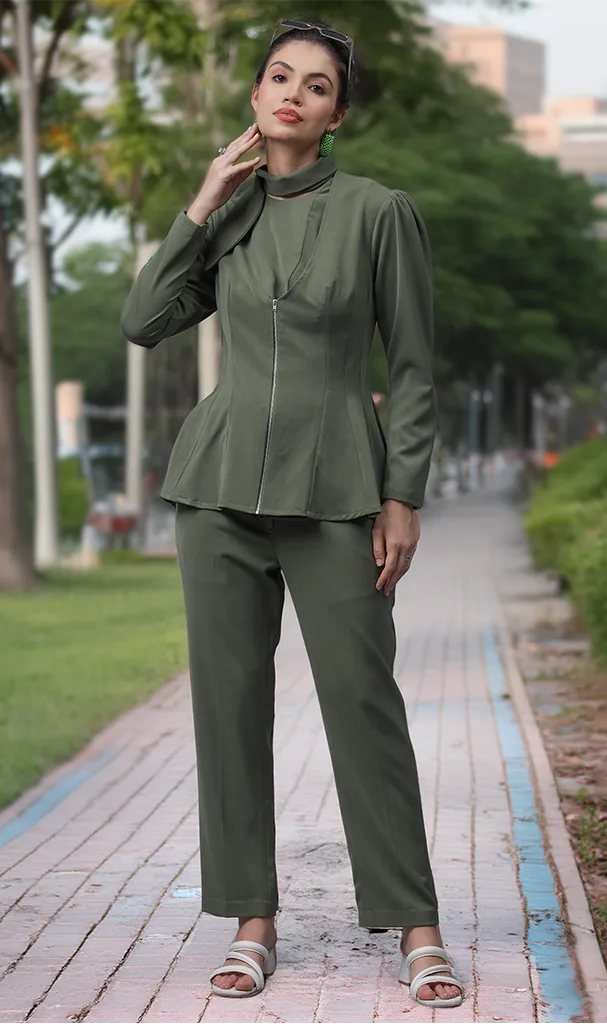 Khaki Green Asymmetric Jacket & Trousers (LN00135)