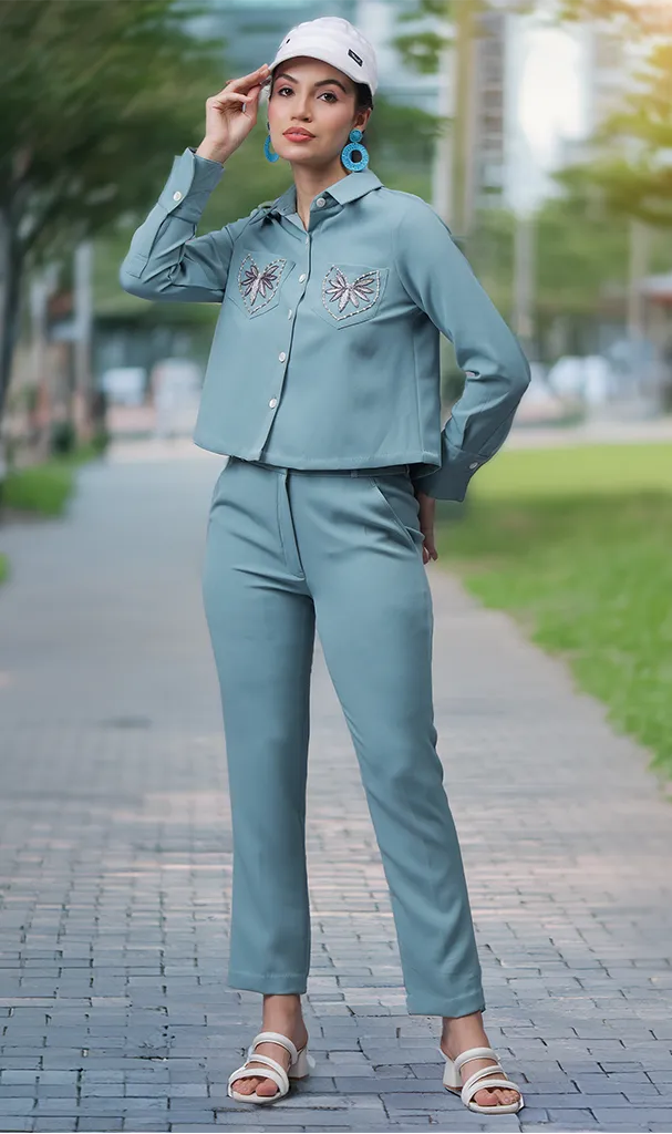 Powder Blue Cordset with embossed Pockets on Top (LN00145)