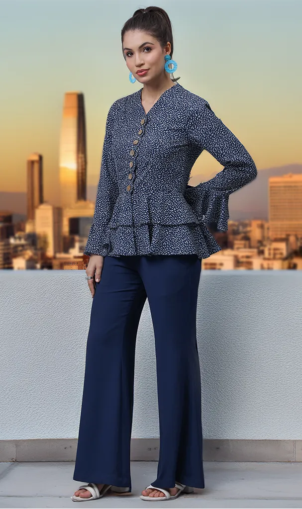 Navy Blue & White Chips Printed Top with Bell Sleeves & Trousers (LN00137)
