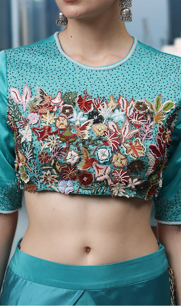 Teal Blue Cordset With Floral Embroidered Blouse & Asymmetric Bottom (LN00115 & LN00134)