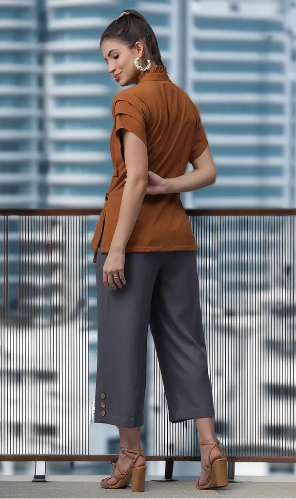 Mustard Floral Wrap Top with Steel Grey Capris (LN00148)