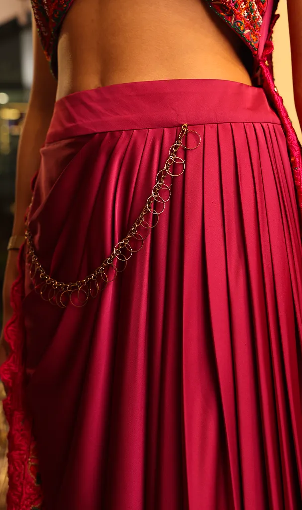 Fuscia Pink Drape skirt & blouse attached Dupatta (LN0098)