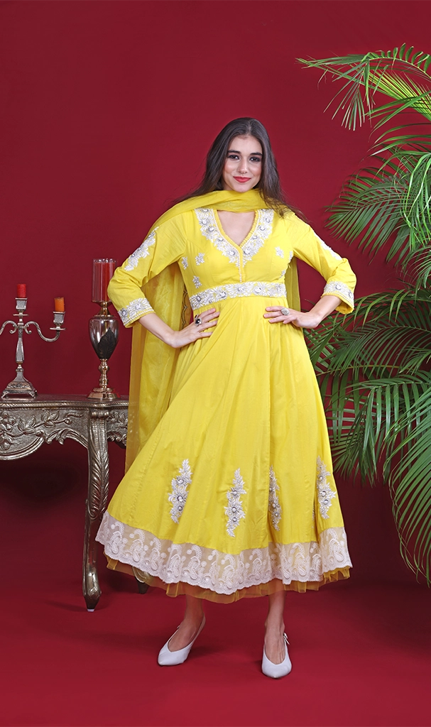 Yellow MulMul Muglai Suit with pants (LN0067)