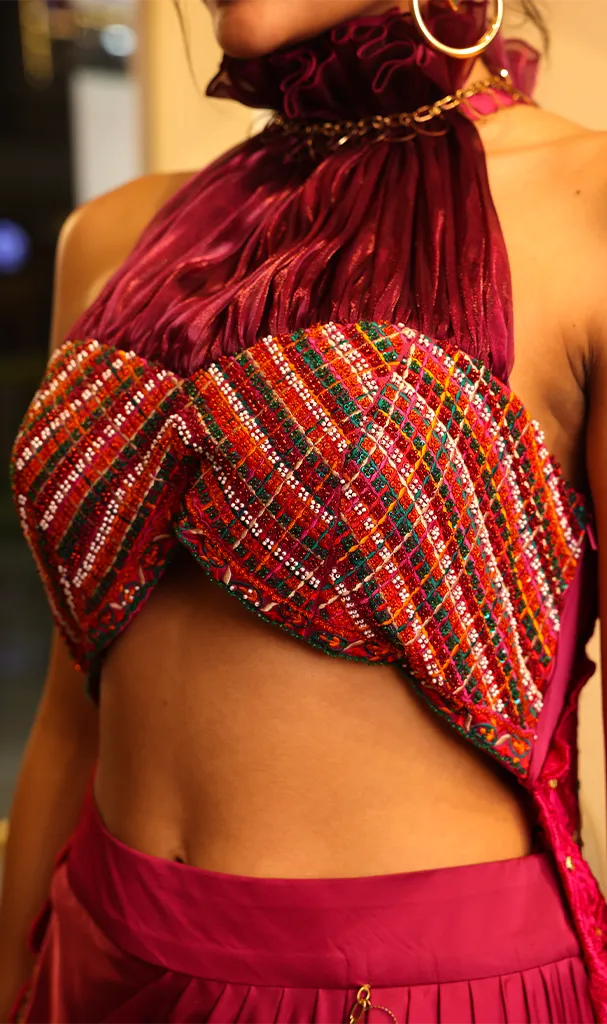 Fuscia Pink Drape skirt & blouse attached Dupatta (LN0098)